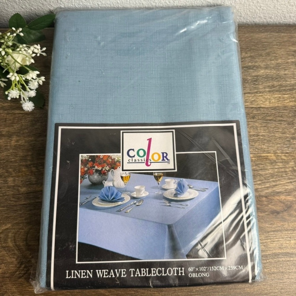 Vintage Kmart Color Classics Blue Linen Weave Tablecloth 60x102 Oblong NOS
